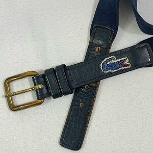 Vintage 80s Lacoste Stretch Belt 36 - Navy Blue - Elastic Leather Brass